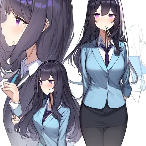High quality, Detailed, Black long hair, Purple eyes, mouth open, blushing, office lady clothes, concept art