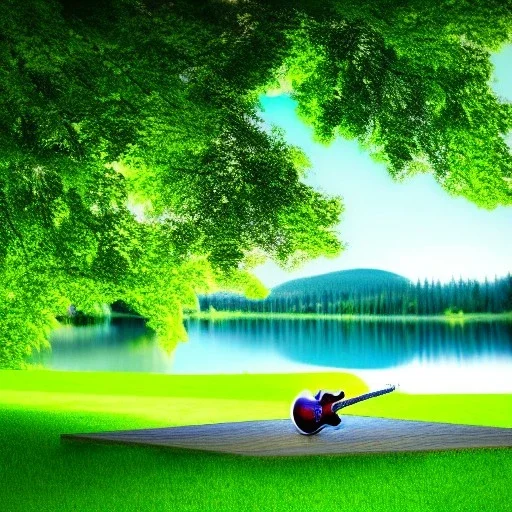 guitar is leaning at a beautiful green Tree, in front of a lake, photorealistic