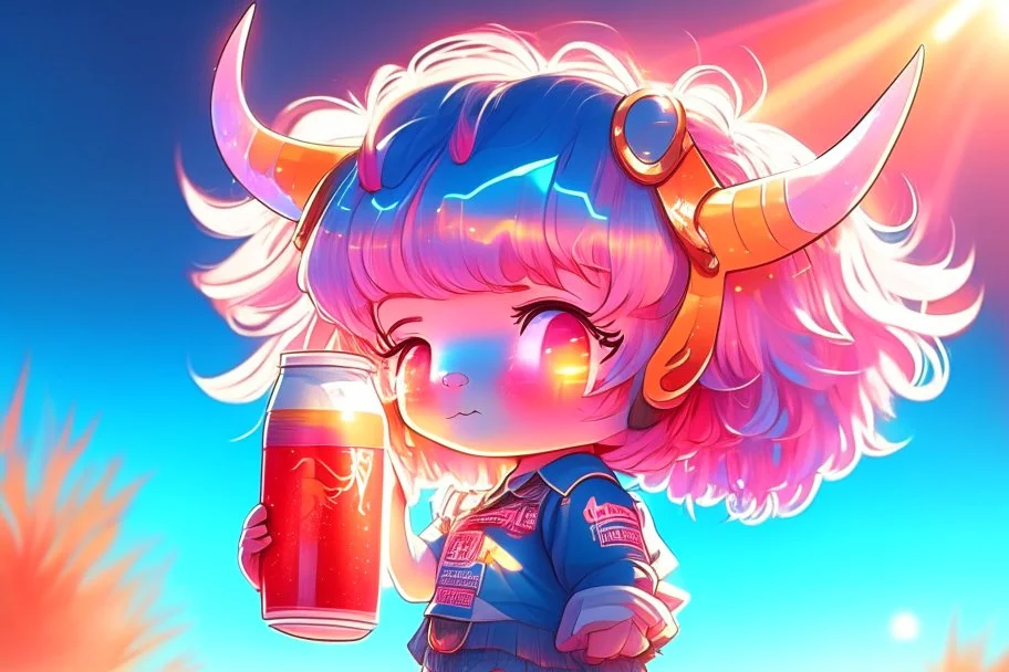 cute chibi holographic girl looking at a red bull happily in sunshine