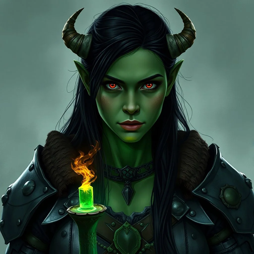 A digital illustration shoot from a portrait camera angle about a portrait of a young orc woman with dull green skin. In the middle of the image, a 20 years old orcish woman, appears to be looking at the viewer lost in thought. she has long black hair, red eyes, and is wearing armour. Fantasy, skyrim, magic