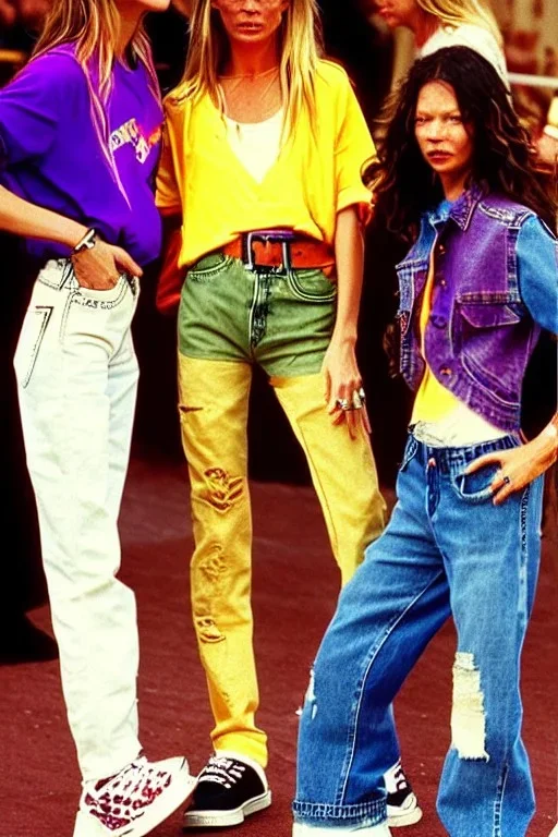 year 1996 denim fashion. Loose fit, low waist, baggy. Colors: denim blue, blue, purple, khaki, light green, lilac, plum, orange, terracotta, red, light yellow, lion yellow, pink, dark blue, beige. Women models. Jennifer Lopez, Kate Moss, Gwyneth Paltrow. Big tennis shoes on.