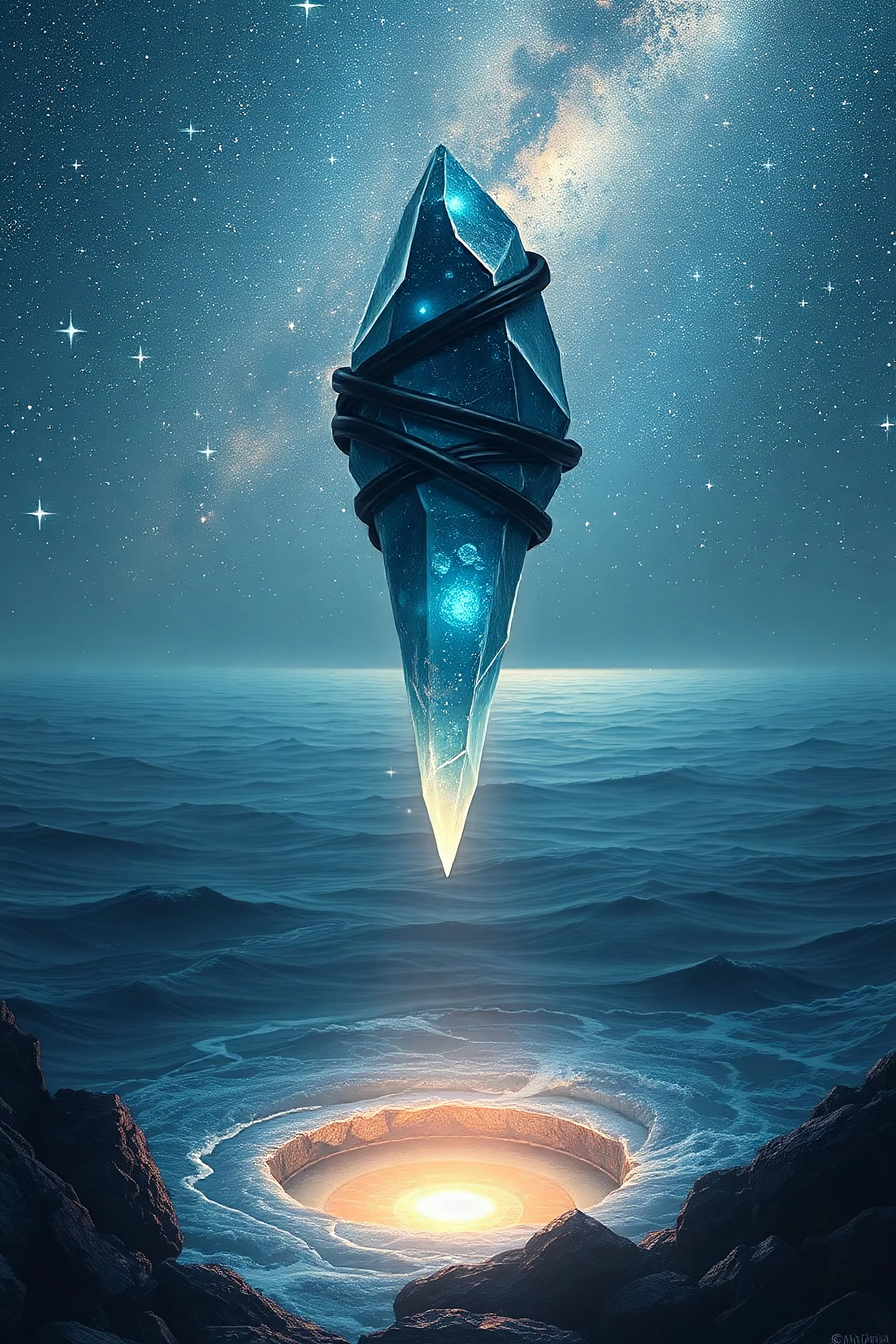 Kristal kecil yang seperti jatuh yang dililit oleh cahaya hitam dan jatuh ke dalam lautan dengan portal dibawahnya. Dengan langit yang penuh lautan bintang Manhwa dengan tema fantasi