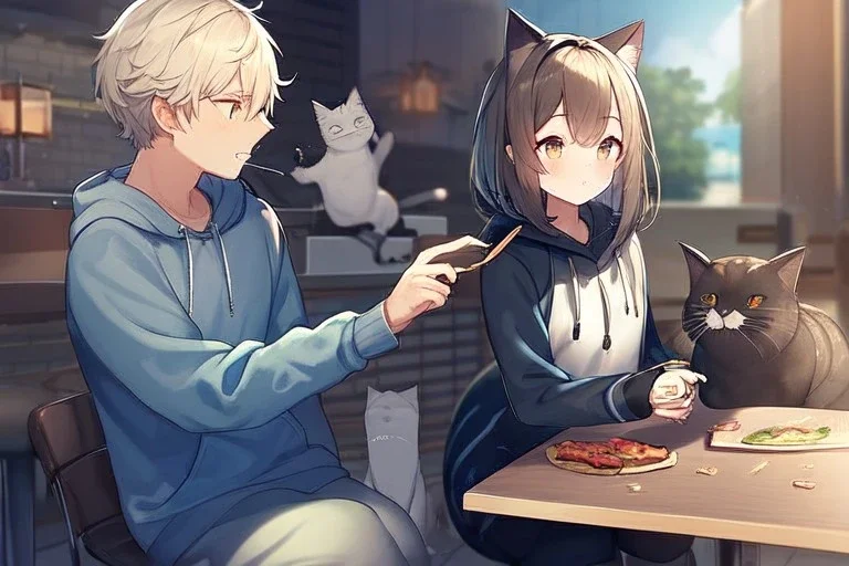 A cat with a hoodie is sitting at a table eating sushi. Perfect iris. Paws