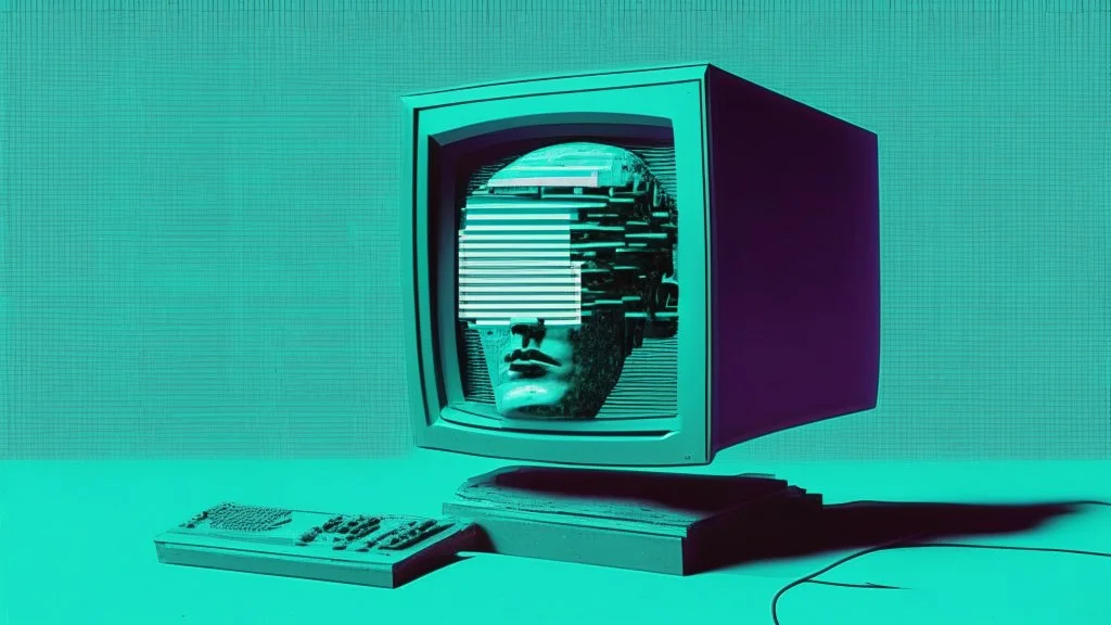 synth-wave, man no head, with monitor as head, iconic:1.8),