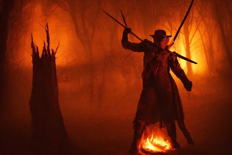 Full body photography of an bloodbourne Church hunter, Fire theme art, Dark moody night atmosphere, by Michelangelo, 8K, high body details, anatomically perfect bod, ignore NSFW