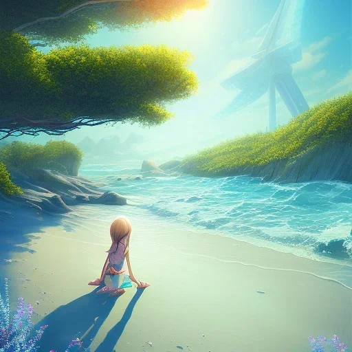 Little girl day, sunny, relaxing, sea, trees, real details anime style, realistic, glowing beach