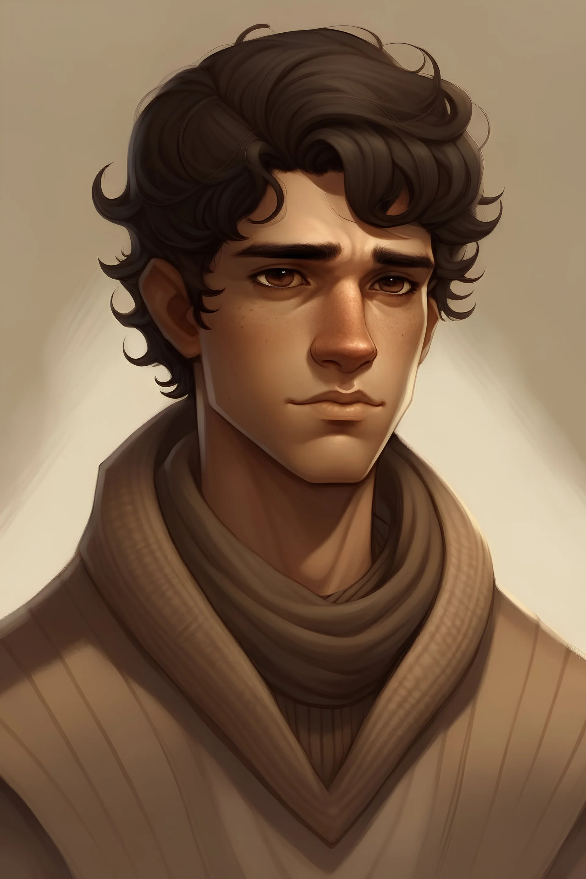a short man in his late twenties, short dark brown hair, brown skin, innocent short round face, brown eyes, dressed in a beige woolen west, realistic epic fantasy style