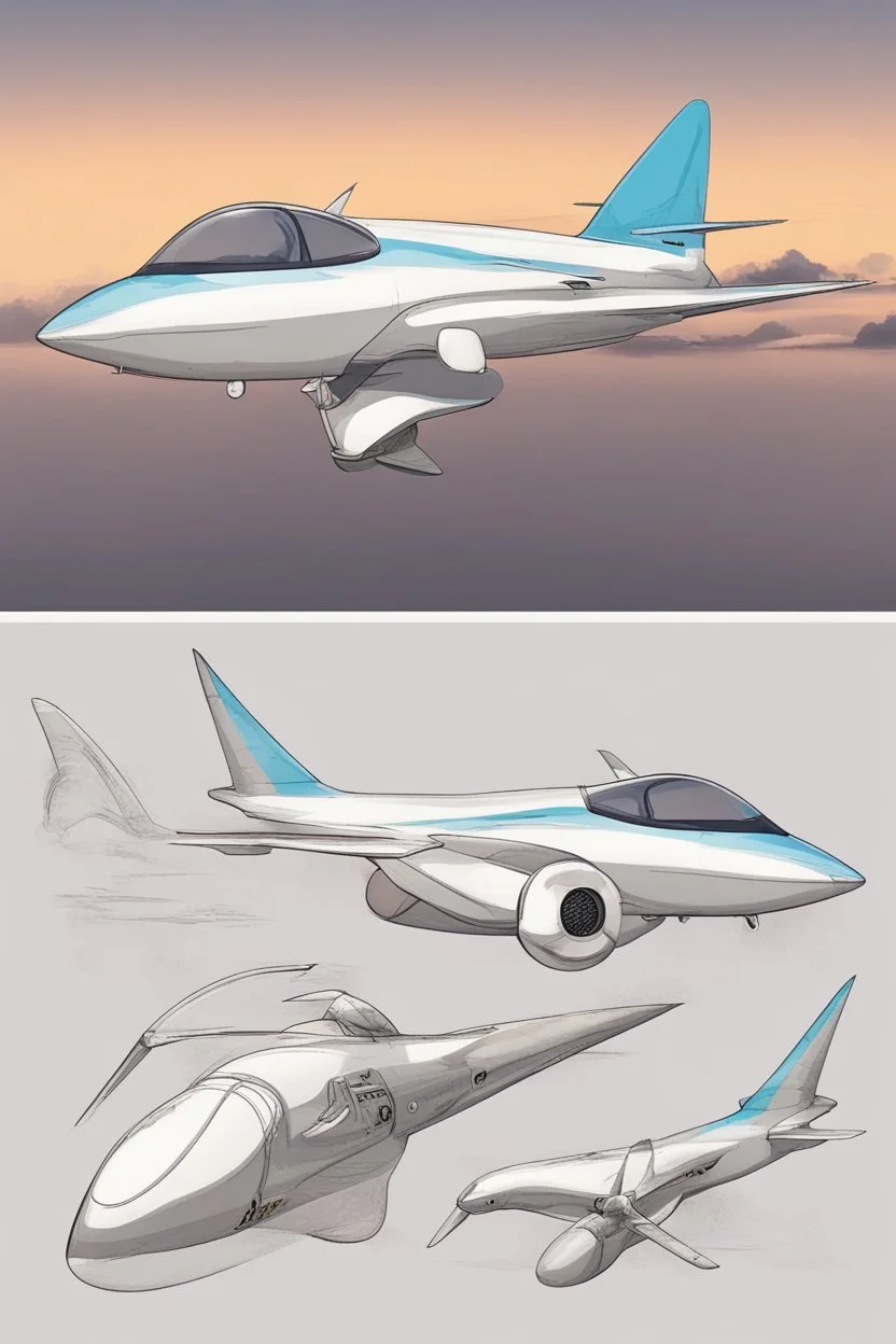 aeroplane inspired by shark with side view , quarter view and front view