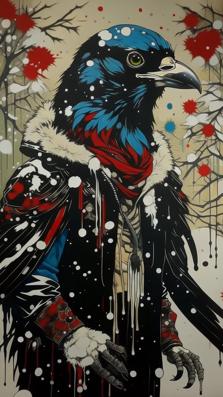 A contemporary serigraphy portrait by Kunisada of a crow adorned in a punk leather jacket within a snowy Christmas atmosphere.