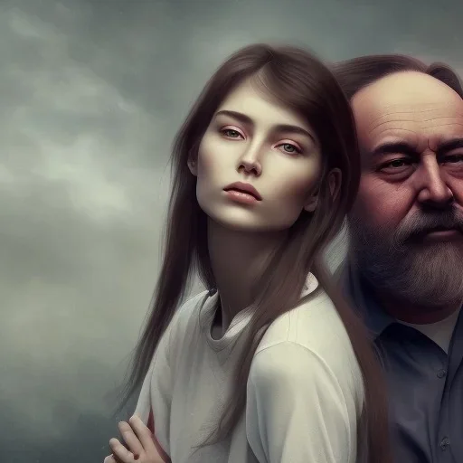 a young woman sitting next to a 50-year-old man with a beard and short hair, portrait, 8K, close-up face, anatomically perfect face, Highly detailed stunning full frame portrait, misty and cloudy atmosphere