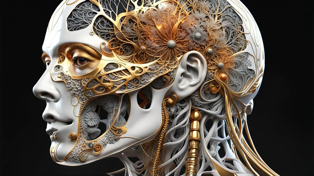 3D rendering of a head of an impressively detailed and complex hyper-realistic "human anatomy": scientific, single object, glossy white, shiny gold, vines, tribalism, black background, shamanism, cosmic fractals, octane rendering, 8k post-processing, detailed metallic bones, dendritic, artstation : Award Winning: Professional Portrait: Atmospheric: Commanding: Fantastic: Clarity: 16k: Ultra Quality: Astounding: Shine: Stunning Colors: Stunning Depth