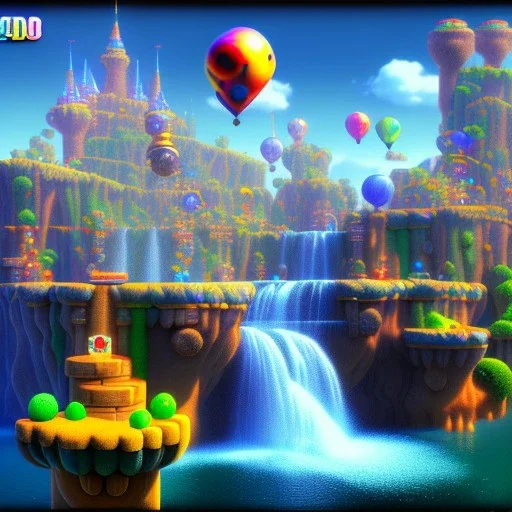 New map by super mario 3d land with waterfalls, 3d, high detail, symbols, 4k, ray traing, render, future punk, steam punk, magic in blue colors, no other place