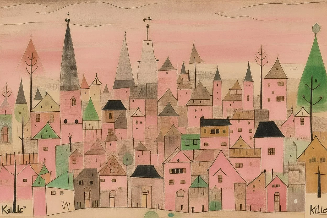 A pale pink village with a magic show painted by Paul Klee