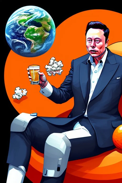 simple digital art scene, Elon musk sitting on the moon on an orange couch, beer in hand ,eating popcorn, looking unamused at planet earth,. selective colours