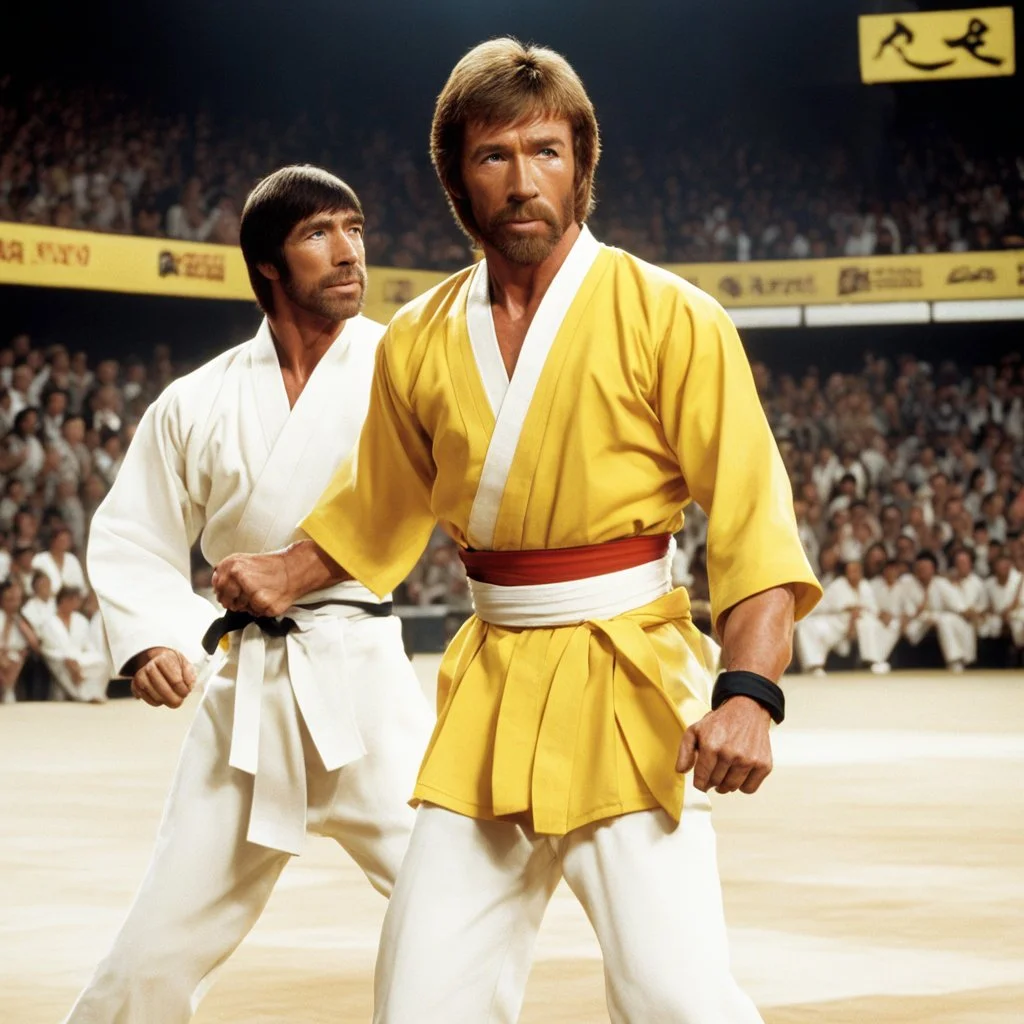 chuck norris in his iconic karate outfit in the arena, in front of Bruce Lee in yellow