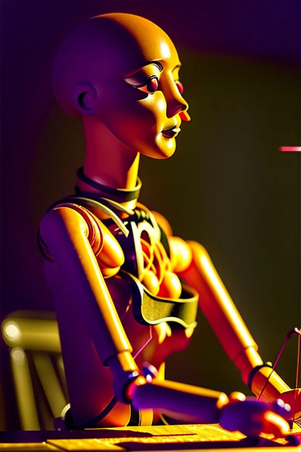 a surreal abstract image of a woman seated on a table,facing to the front ,she is connected to string like a puppet, arms in air, moved by the strings, puppet like features in the face, beautiful face, behind her also facing the front is the puppet master,is a huge image of a man holding the strings, creepy gothic character,.zoomed in, dark and shadowy background with selective lighting on the woman, gothic and chaotic