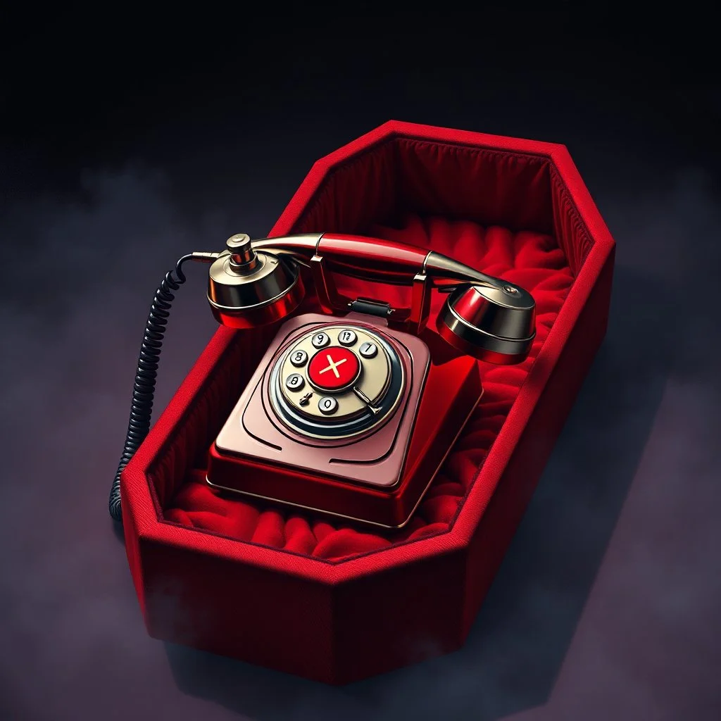 vintage telephone receiver that has X's for eyes sitting in a red velvet coffin, concept art, digital illustration, hyperrealistic