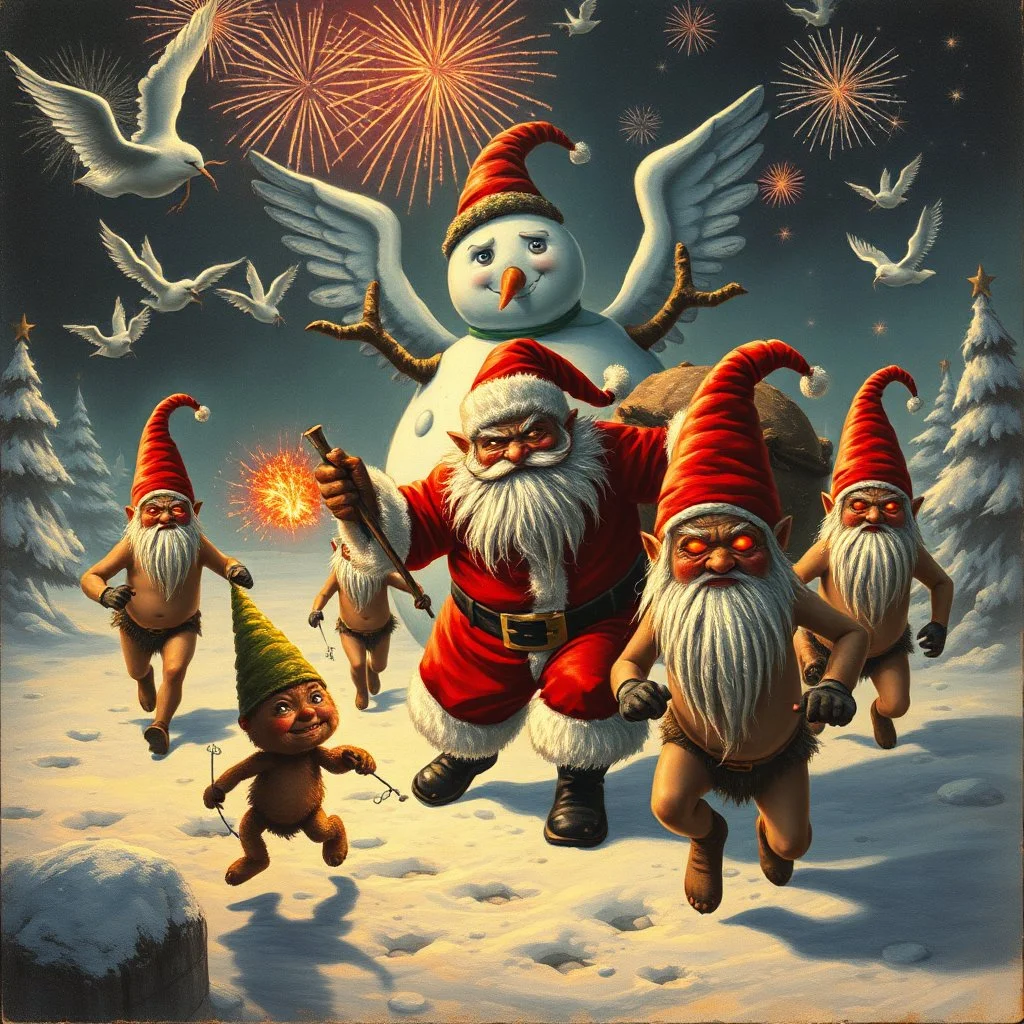there is no kebabs at christmas, evil Santa, evil naked gnomes running around, staring flaming eyes, evil naked Rudolf, very big evil melting angry Frosty the snowman in background, 1940 christmas postcard, Flying angels, fireworks, Tim burton style