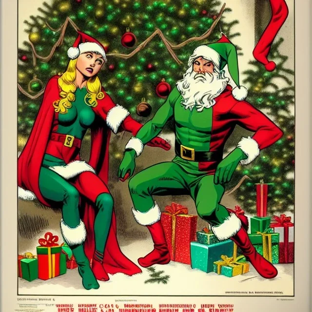 two elves. woman and man. Christmas scene. poster. marvel comic. low-key