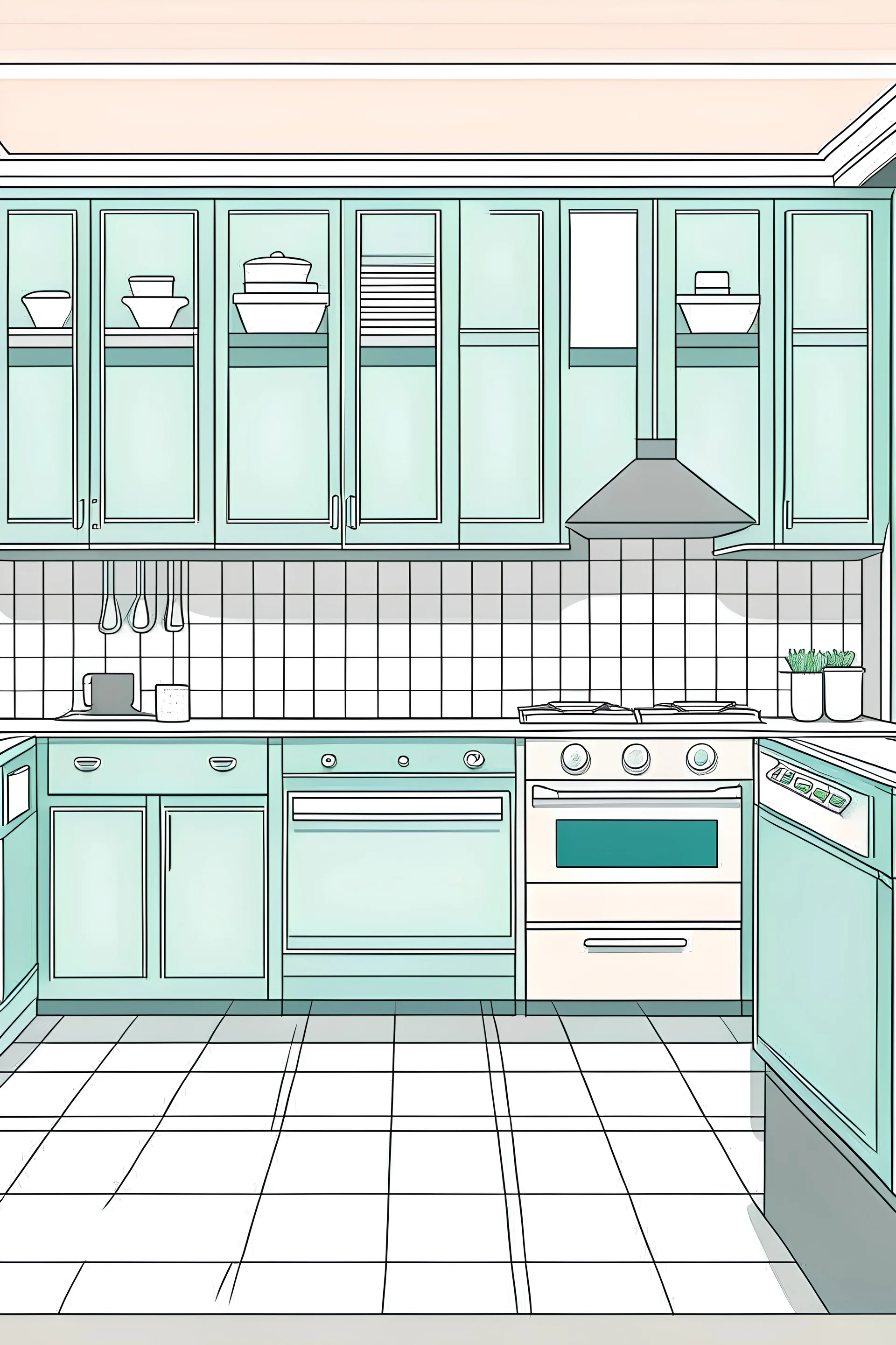A cartoon drawing of a kitchen in the form of a straight line in calm colors