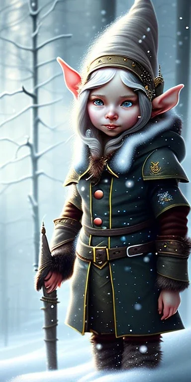 Tiny cute and adorable elven adventurer dressed in a warm overcoat with survival gear on a winters day, jean - baptiste monge, anthropomorphic --ar 2:3 --beta --up