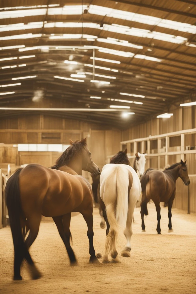 Exhibitor show hall with horses in a horse stable