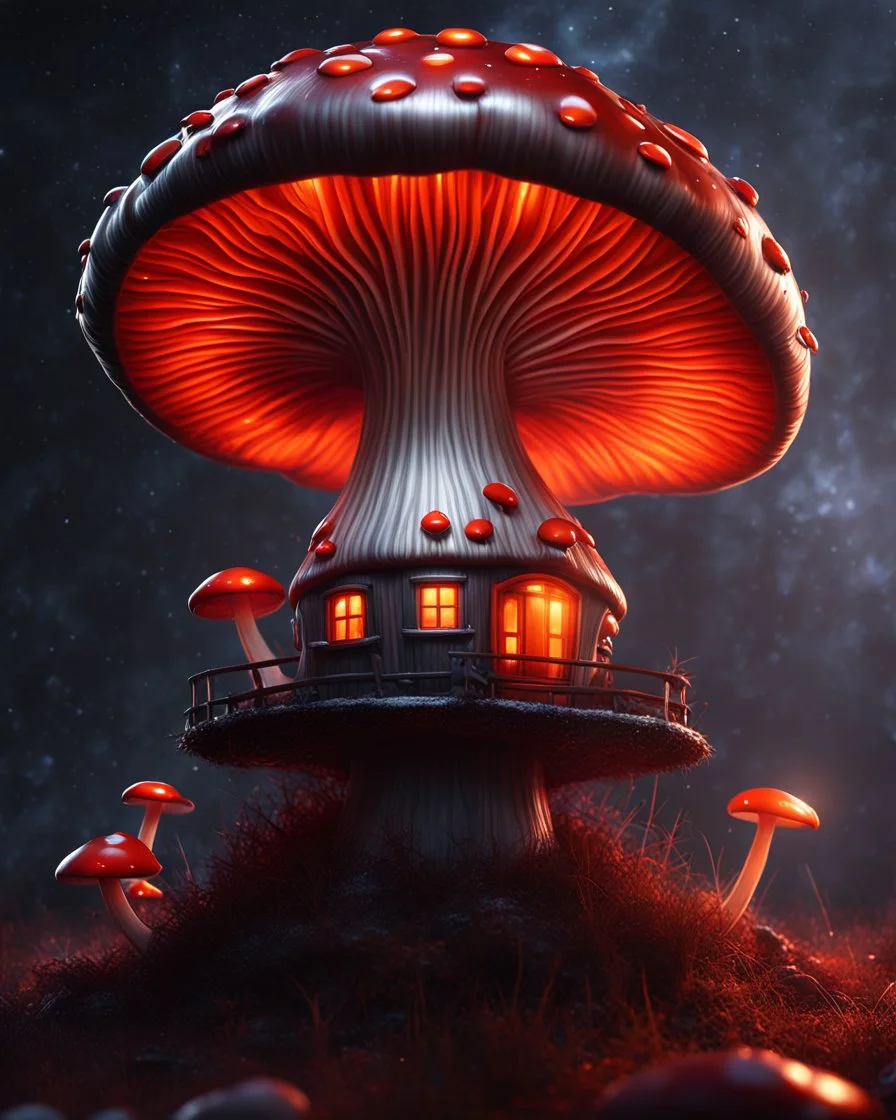 A solitary floating mushroom house on a clear night. silver and orange and red, Dark cosmic interstellar. Detailed Matte Painting, deep color, fantastical, intricate detail, splash screen, hyperdetailed, insane depth, concept art, 8k resolution, trending on Artstation, Unreal Engine 5, color depth, backlit, splash art, dramatic, High Quality Whimsical Fun Imaginative Bubbly, perfect composition