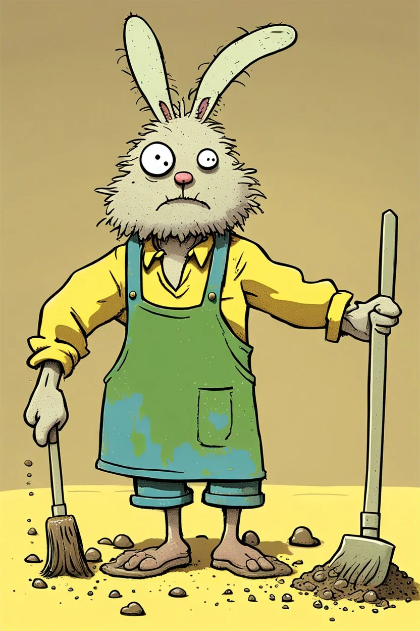 artist Jean-Baptiste style. A unhappy, disgruntled biomorph skinny fuzzy-headed old dust Bunny. skinny arms, legs, and body covered all over with bits of dust and dirt. blue eyes. A yellow dotted green raggedy apron. holding a mop and pail. standing in a cloud of dust. large bits of dirt flying around his head. style of Tim Burton.