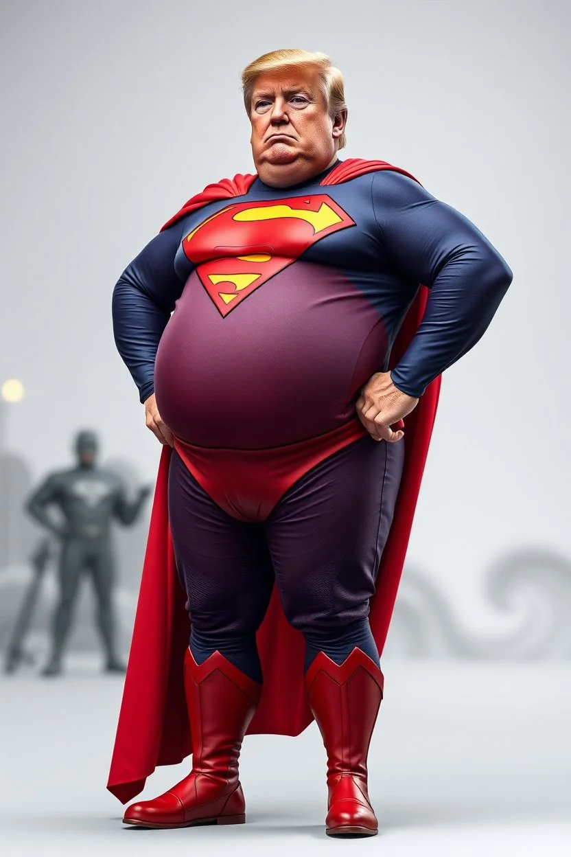 a thoroughly confused, elderly and morbidly obese donald trump standing dressed as superman