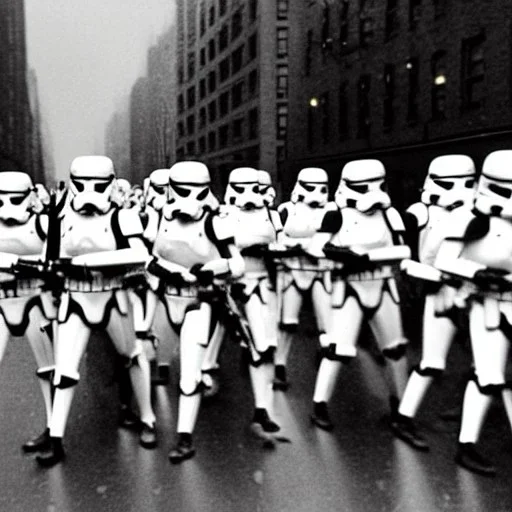 galactic empire stormtroopers marching, 1920s New York City, rainy day