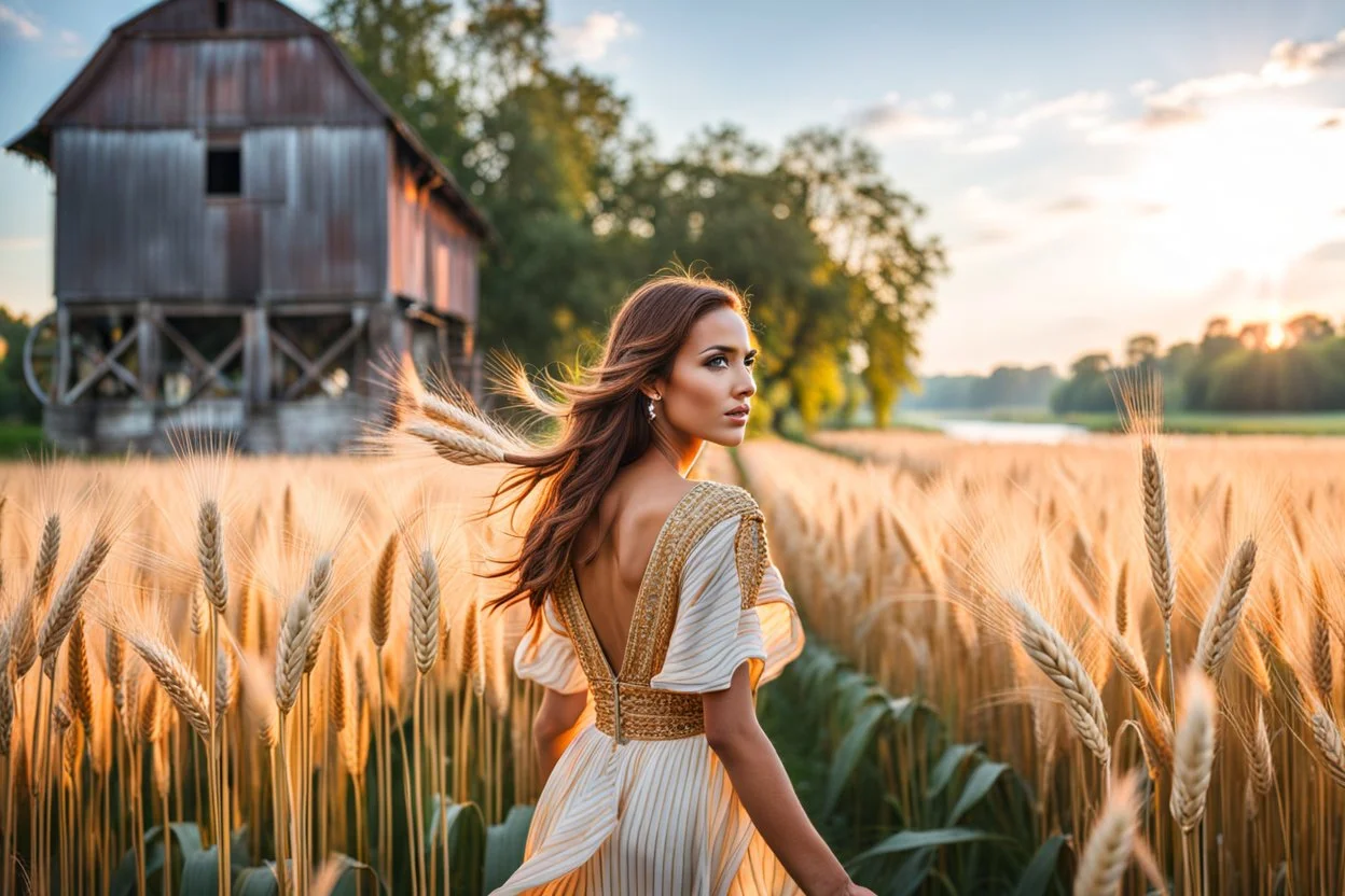 wide angle shot of golden wheat field next to river ,a watermill on river, a beautiful girl in pretty long dress walking in