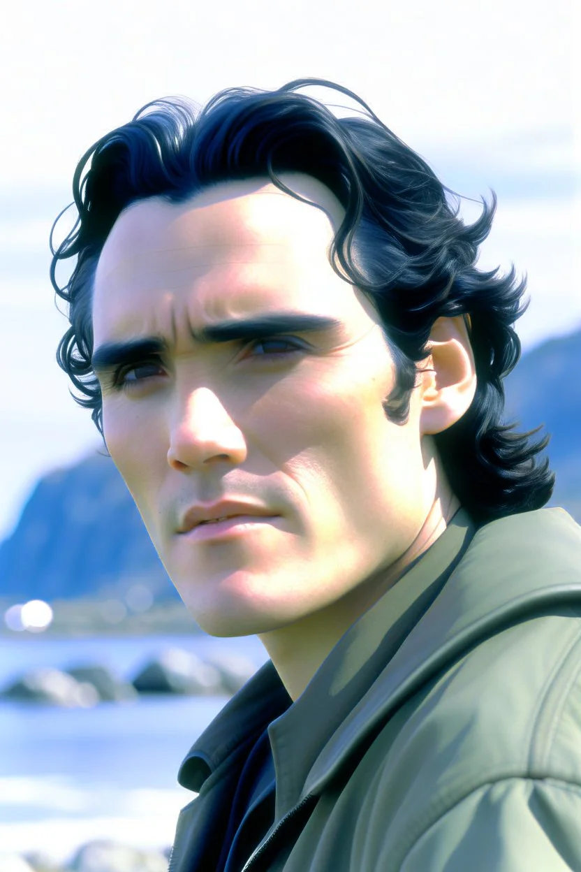 A portrait of Joaquin Phoenix in his early 30s, long beachy haircut, black hair, on a rocky island, in ebony armor from Skyrim, melancholic and dangerous facial expression, half-smiling