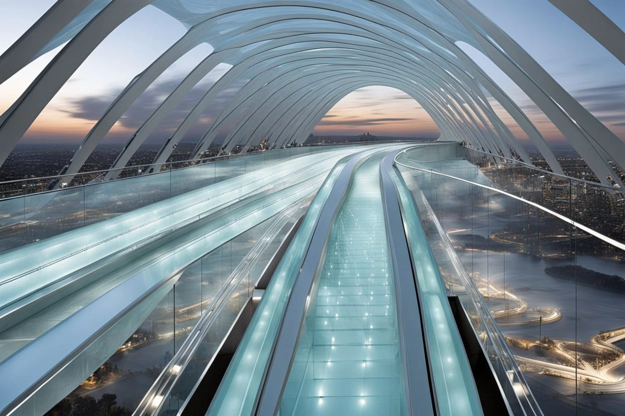 a futuristic glass bridge made of glass by architect "Calatrava",by artist "Zaha Hadid"