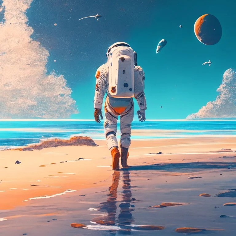 An astronaut walking on the beach of a beautiful sea, digital art, anime, 4k, full details