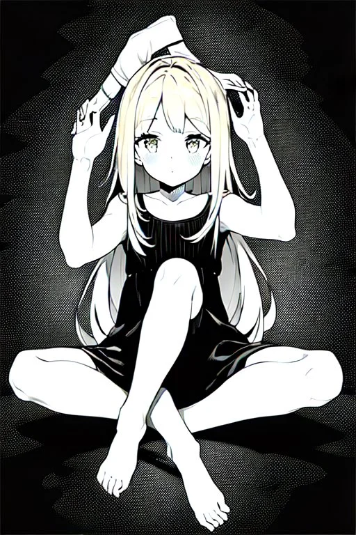 little blonde girl on her knees holding her hands on her head, grayscale