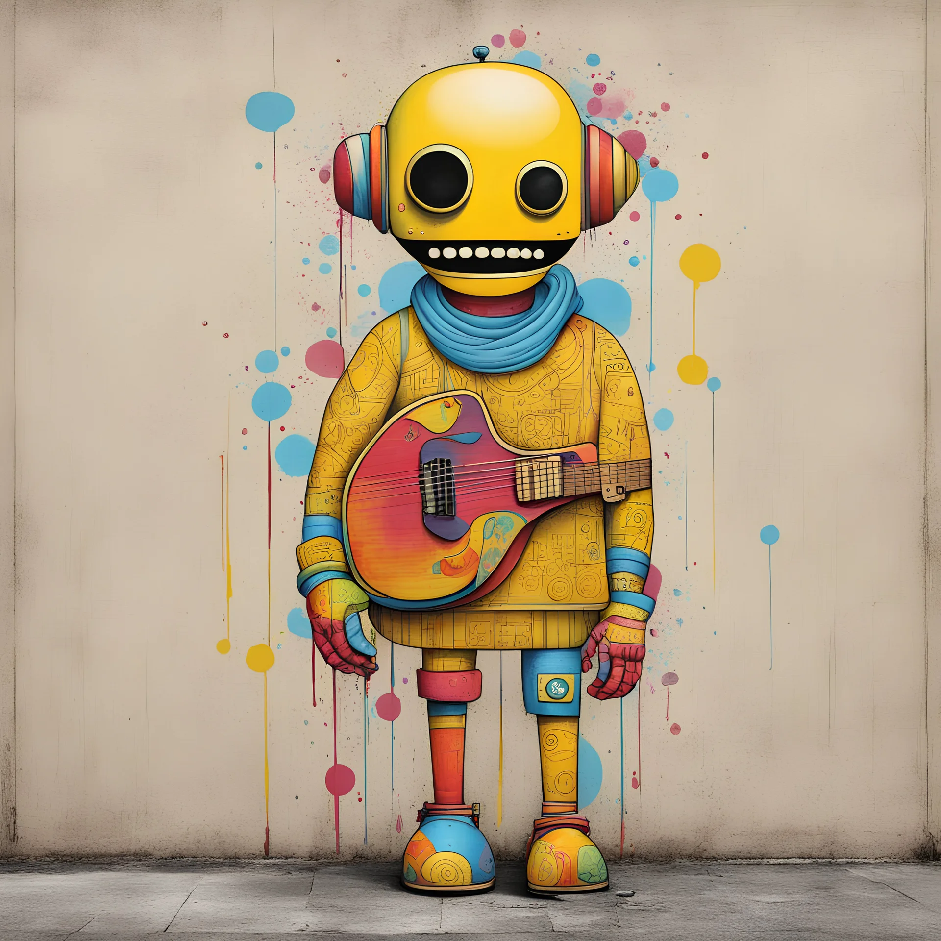 Pop street minimalism, graffiti spray paint, os Gemeos, guitarist robots