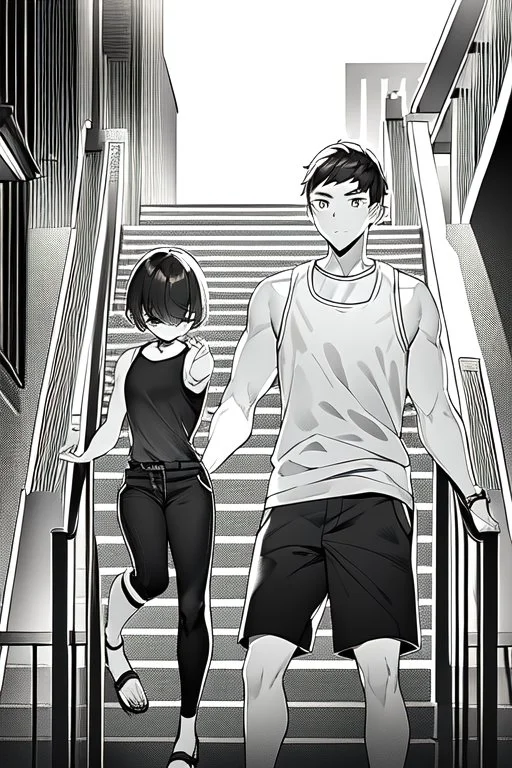 a boy in shorts sleeveless shirt climbs the stairs, greyscale