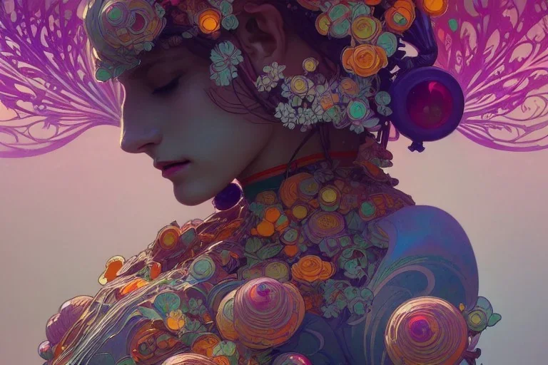 gardenia, colorful, psychedelic, intricate, elegant, highly detailed, digital painting, artstation, concept art, smooth, sharp focus, greg rutkowski art and alphonse mucha, ghibli robot