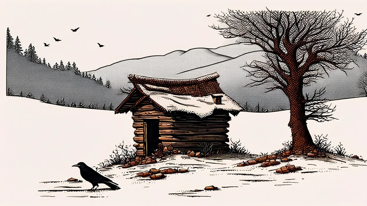 a lonely old adobe hut with worn adobe brown-gray wall and a small window, a crumbling roof, an old chimney stands on a hill, next to it is a small woodshed by the wall, and an old withered tree leans over the hut on thr old tree sitting a black crow, the hut stands on the edge of a European forest, winter, snowy landscape, low light, dawn, snow, high detailed, sharp focus, high realistic, perfect photo