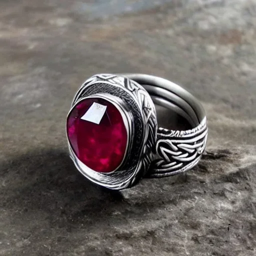 ruby signet ring with braided tungsten and titanium, celtic ring, nordic ring, viking ring, engraved carved band, brushed steel, men's jewellery