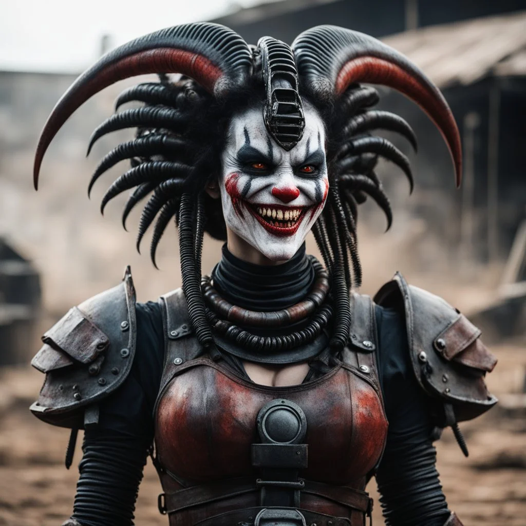 Goth Japanese demonic alien xenomorph clown woman smiles, ready to fight, in dust, rust and blood, her body is covered with cartridge belts