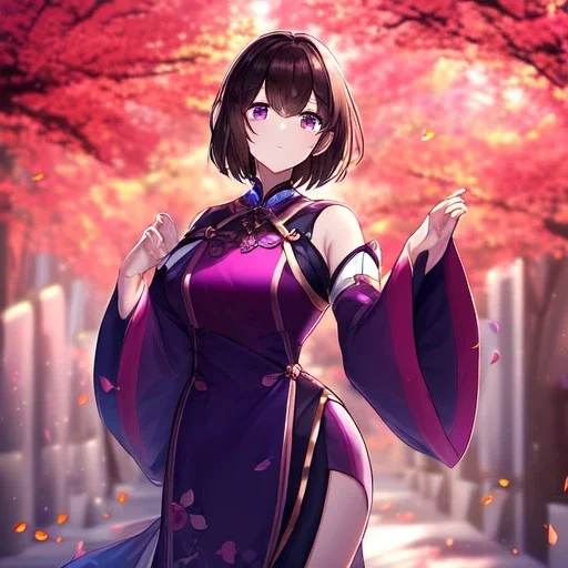 Clear focus,High resolution, one girls, Short brown hair, Purple eyes, Wearing a techy outfit standing with blurry sakura leafs falling down, Wearing a split skirt, Cut Sleeves, Gacha Animation