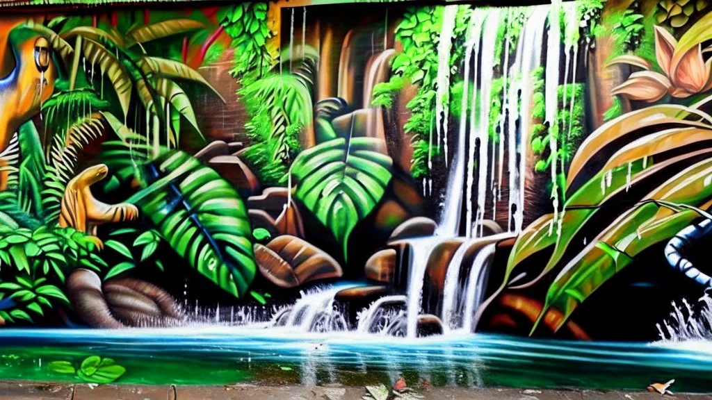 street mural. jungle.water fall.