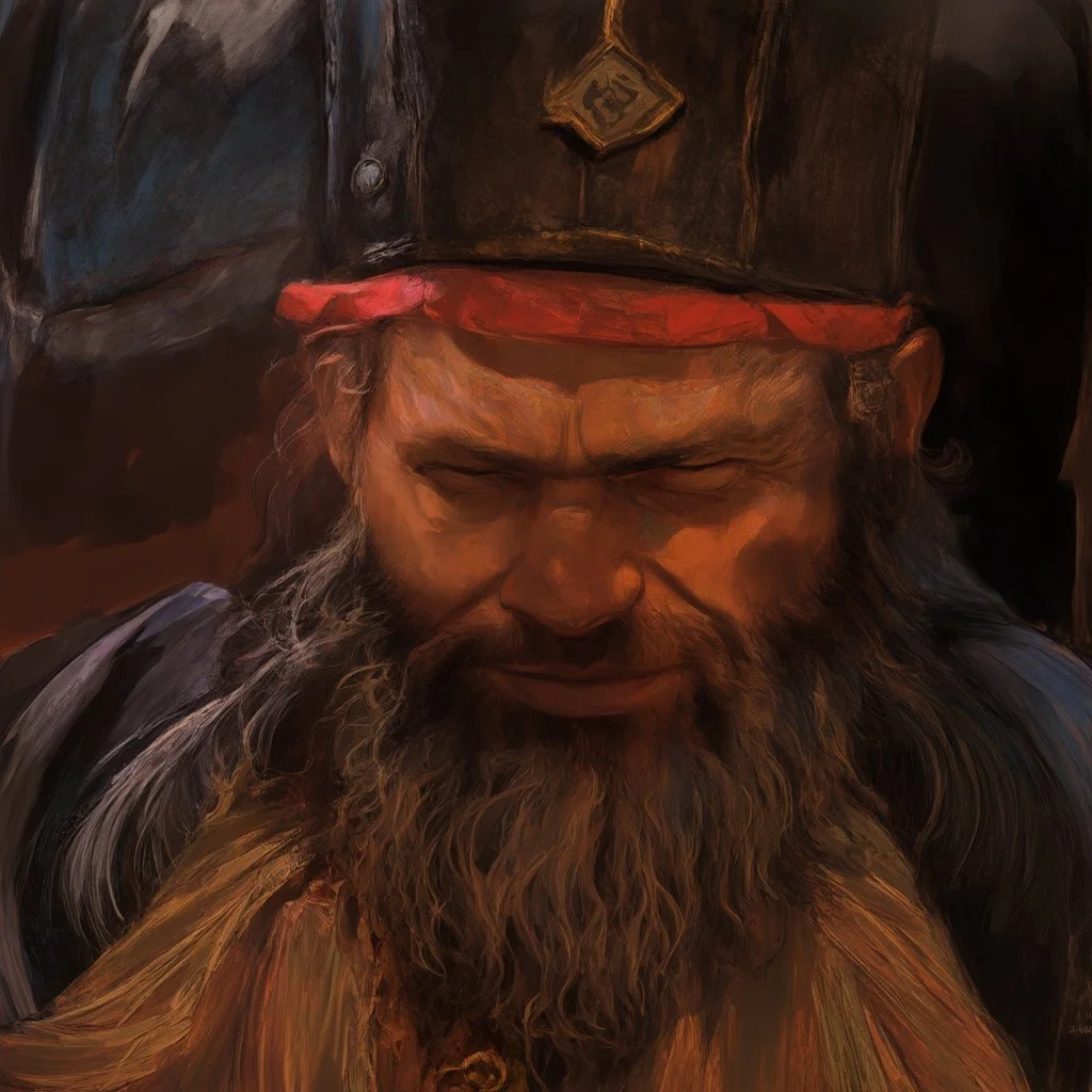 dnd, fantasy, watercolour, stylistic, portrait, illustration, dull colours, male, dwarf, face, bearded, long brows, frugal