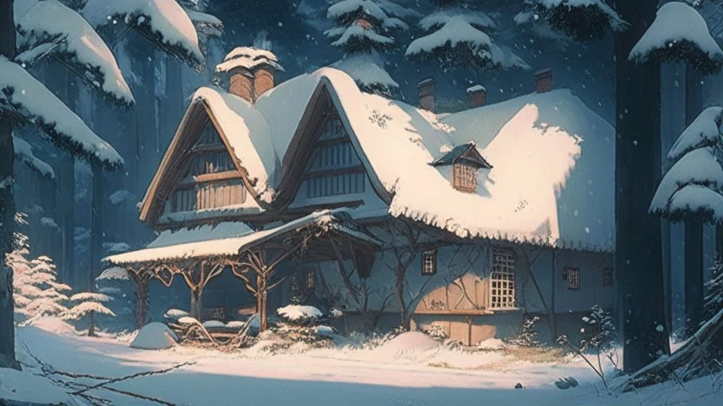 studio ghibli, a house, snow, woods,