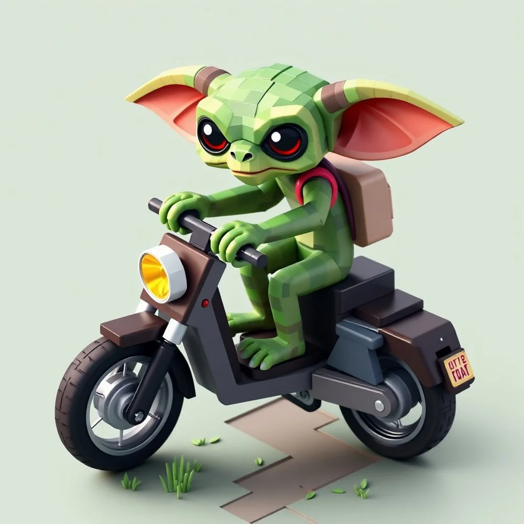 isometric voxel minecraft gremlin on scooter bike