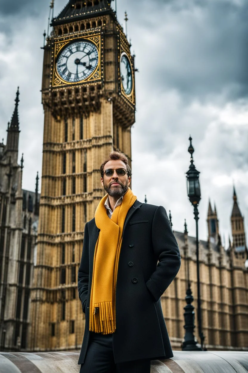 an man standing in front of big ben looking at camera,closeup