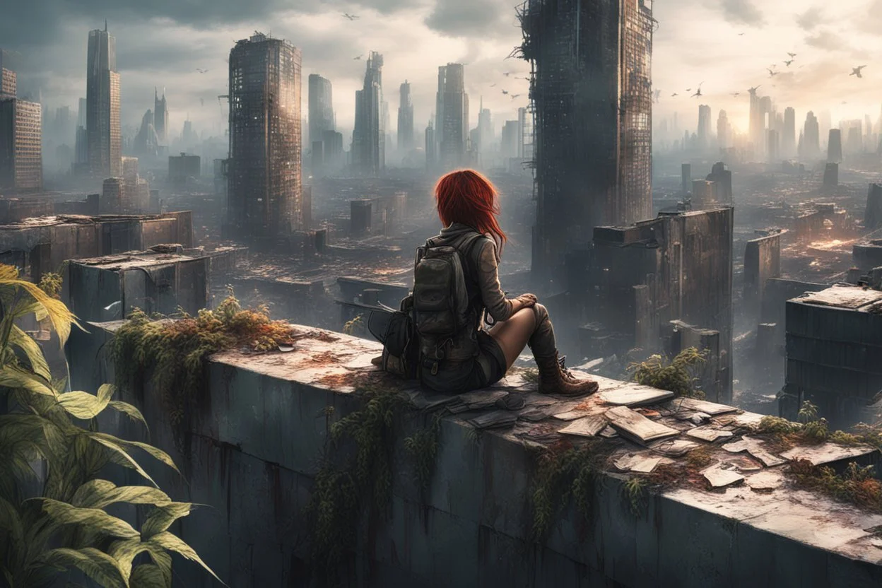 A girl sitting on top of a wall in an apocalyptic world, with broken skyscrapers, wild plants, and rusty vehicles