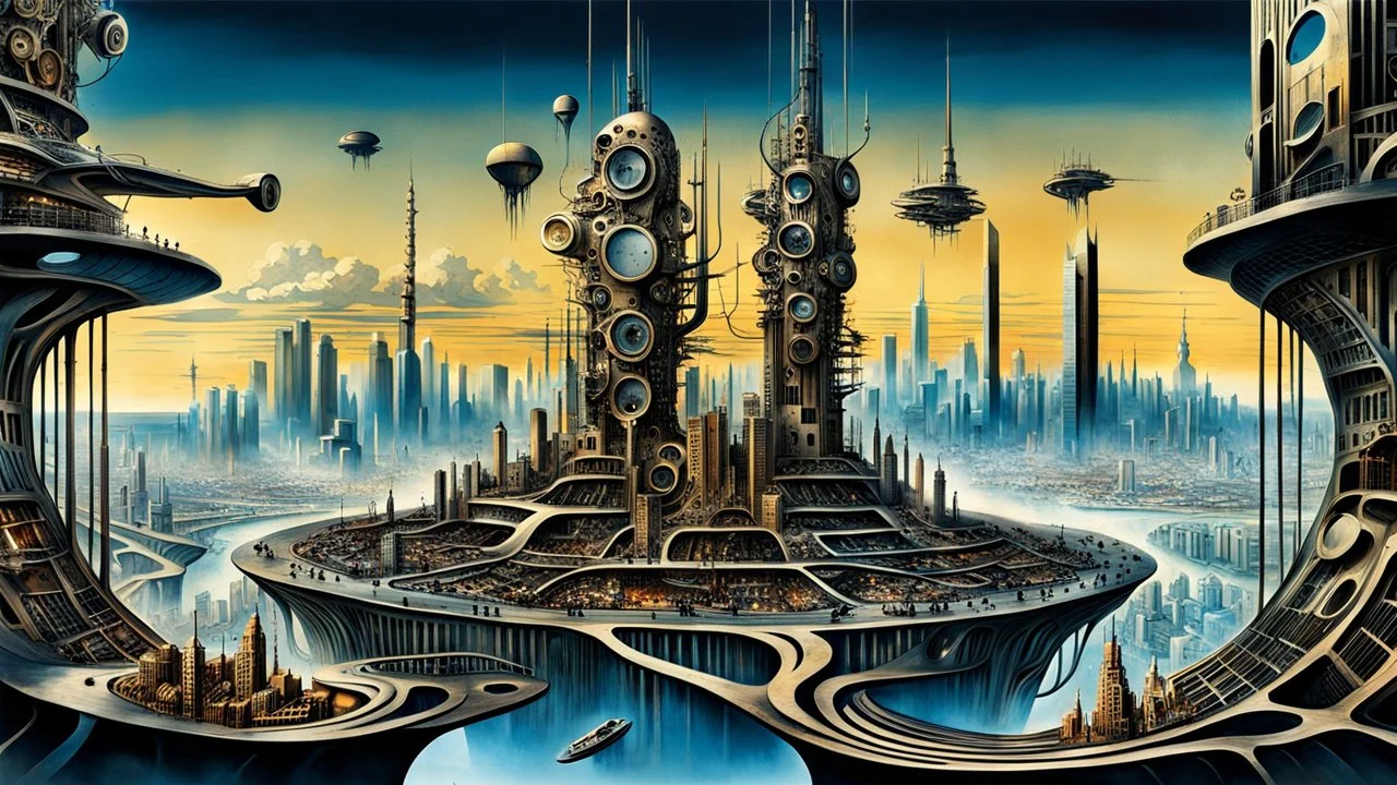 a stunningly weird image of a futuristic metropolis using Salvador Dali's paranoiac-critical method, where buildings and structures appear to melt into the skyline cityscape is filled with floating mad, twisted sharp metal shapes that interact with the buildings and each other, forming a surreal tableau of a dreamlike reality. neu-steampunk vibe, essence of the scene in a cinematic manner, with dramatic shadows that enhance the distorted perspectives and bizarre