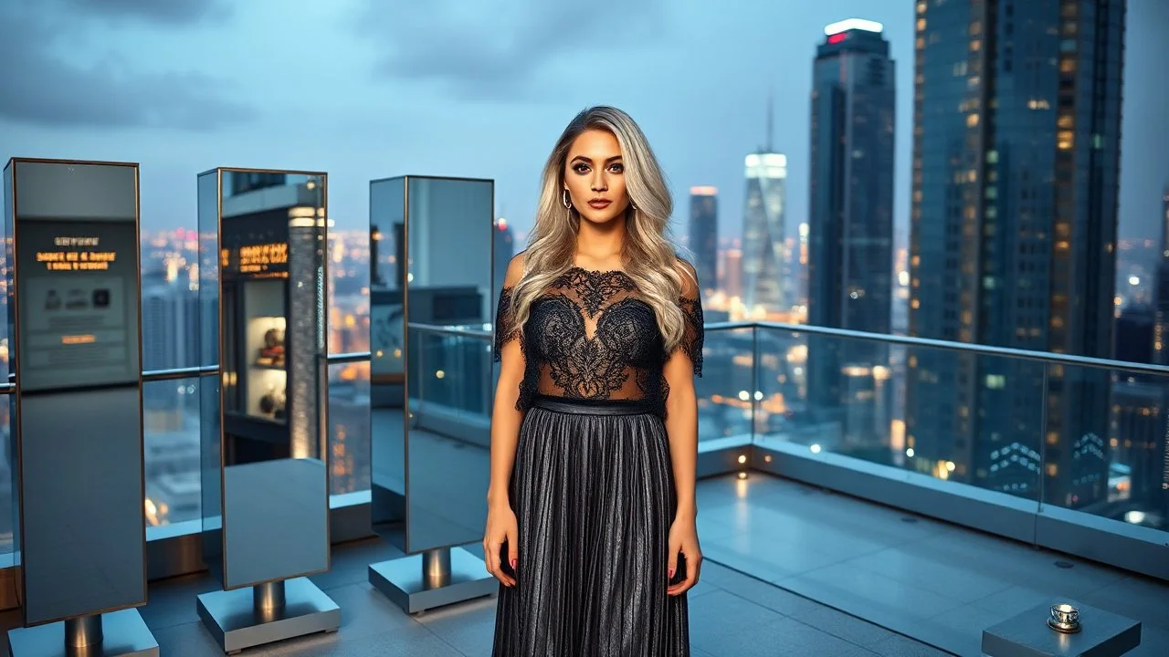 very beautiful model lady with makeup and beautiful modern fashion midi pleated velvet dark silver lace skirt with lace edges and modern loose lace top with a loose over, curvy silver long hair, standing in a modern city open satge with 8 cubic mirrors(each with 4 equal hight and equal width, vertical mirror), each vertical on its own short rotating base. with some small lights on crystal frames, on roof of a skyscraper with city escape at background, with animating dynamic lights with high